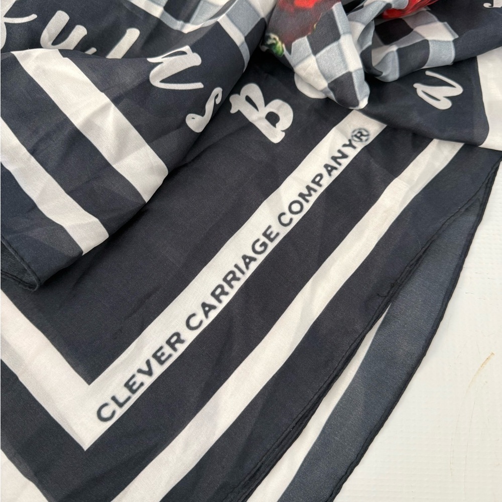 Clever Carriage Company Rose Patterned Scarf - Black and Red 💯 Silk - Picture 9 of 11